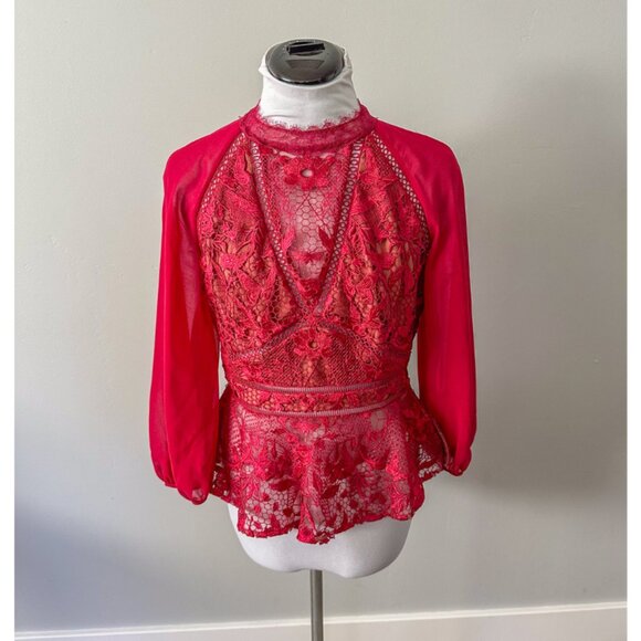 Marchesa Notte Red Lace Top - Picture 2 of 11